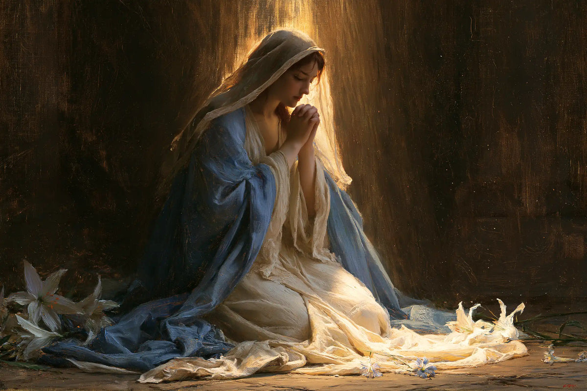the Virgin Mary in prayer in Symbolist style, landscape Christian artwork no. 5
