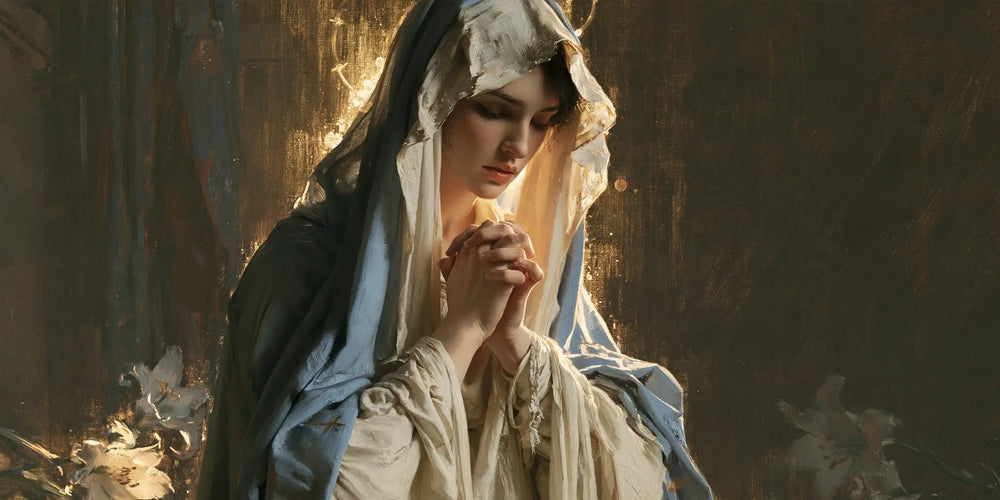 the Virgin Mary in prayer in Symbolist style, landscape Christian artwork no. 25