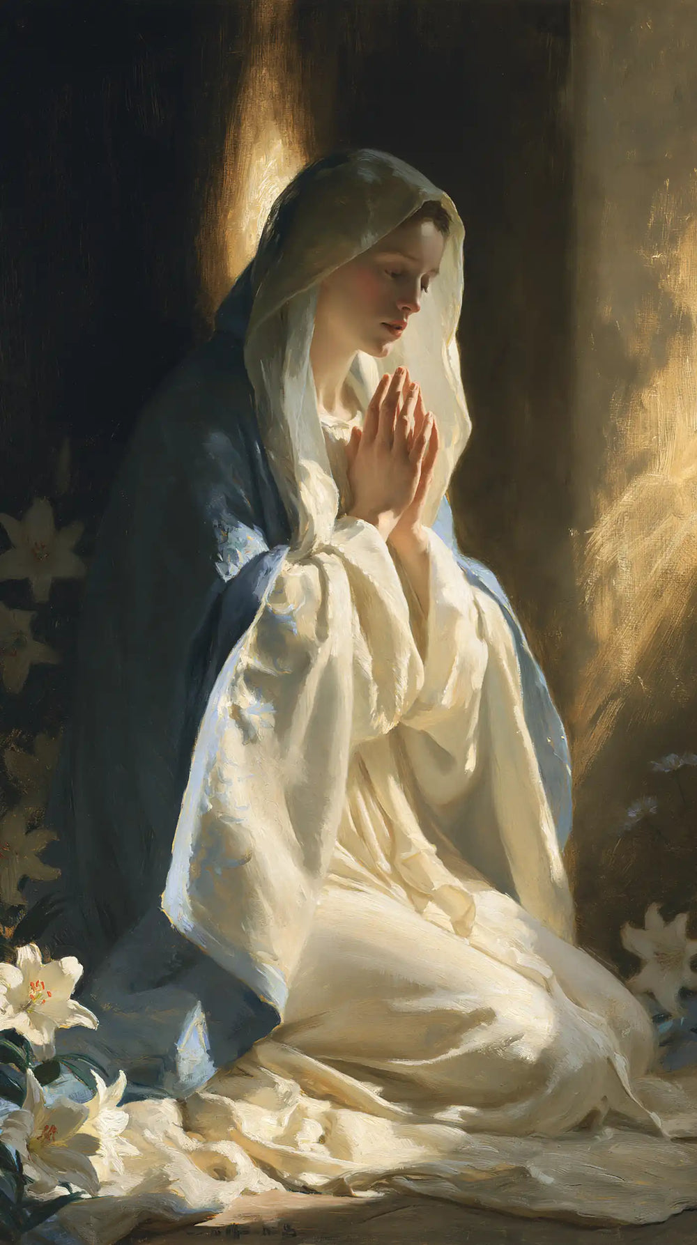 the Virgin Mary in prayer in Symbolist style, portrait Christian artwork no. 4