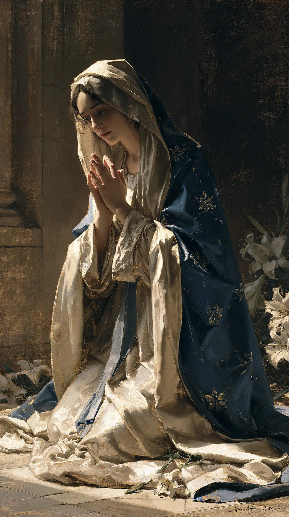 the Virgin Mary in prayer in Symbolist style, portrait Christian artwork no. 8