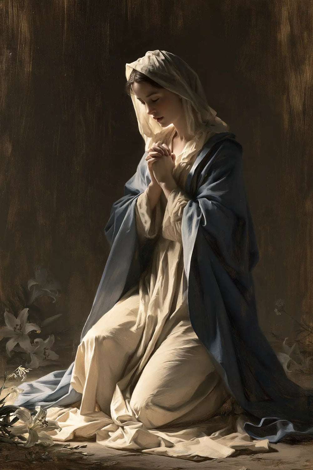 the Virgin Mary in prayer in Symbolist style, portrait Christian artwork no. 22