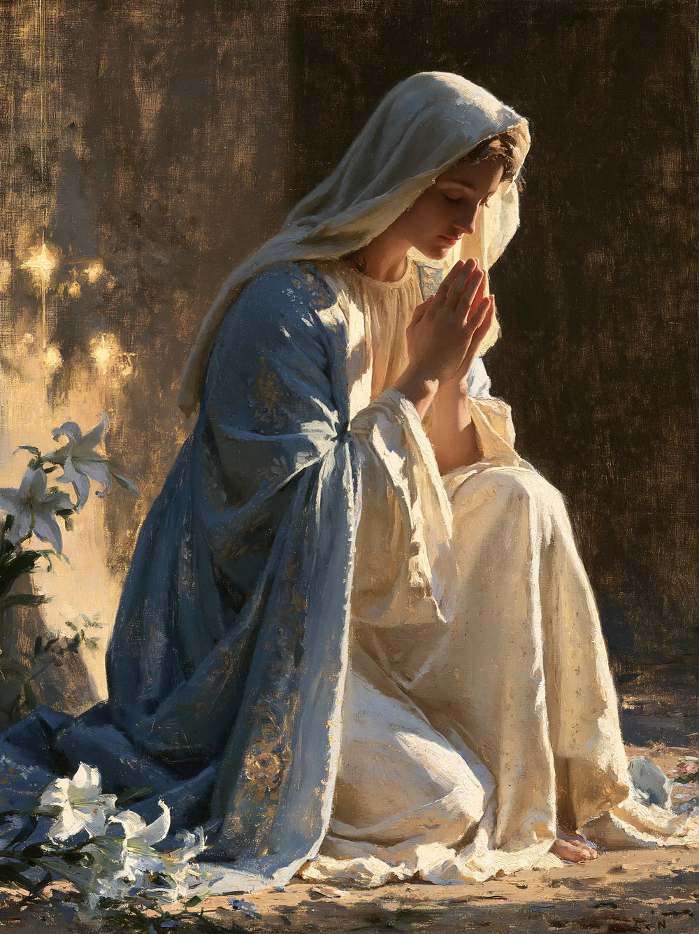 the Virgin Mary in prayer in Symbolist style, portrait Christian artwork no. 37