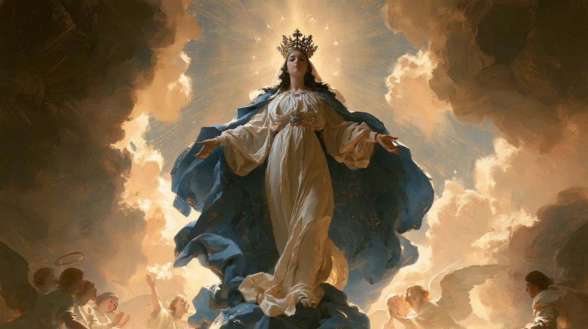 Mary glorified as Queen of Heaven in Heavenly Glory style, landscape Christian artwork no. 13