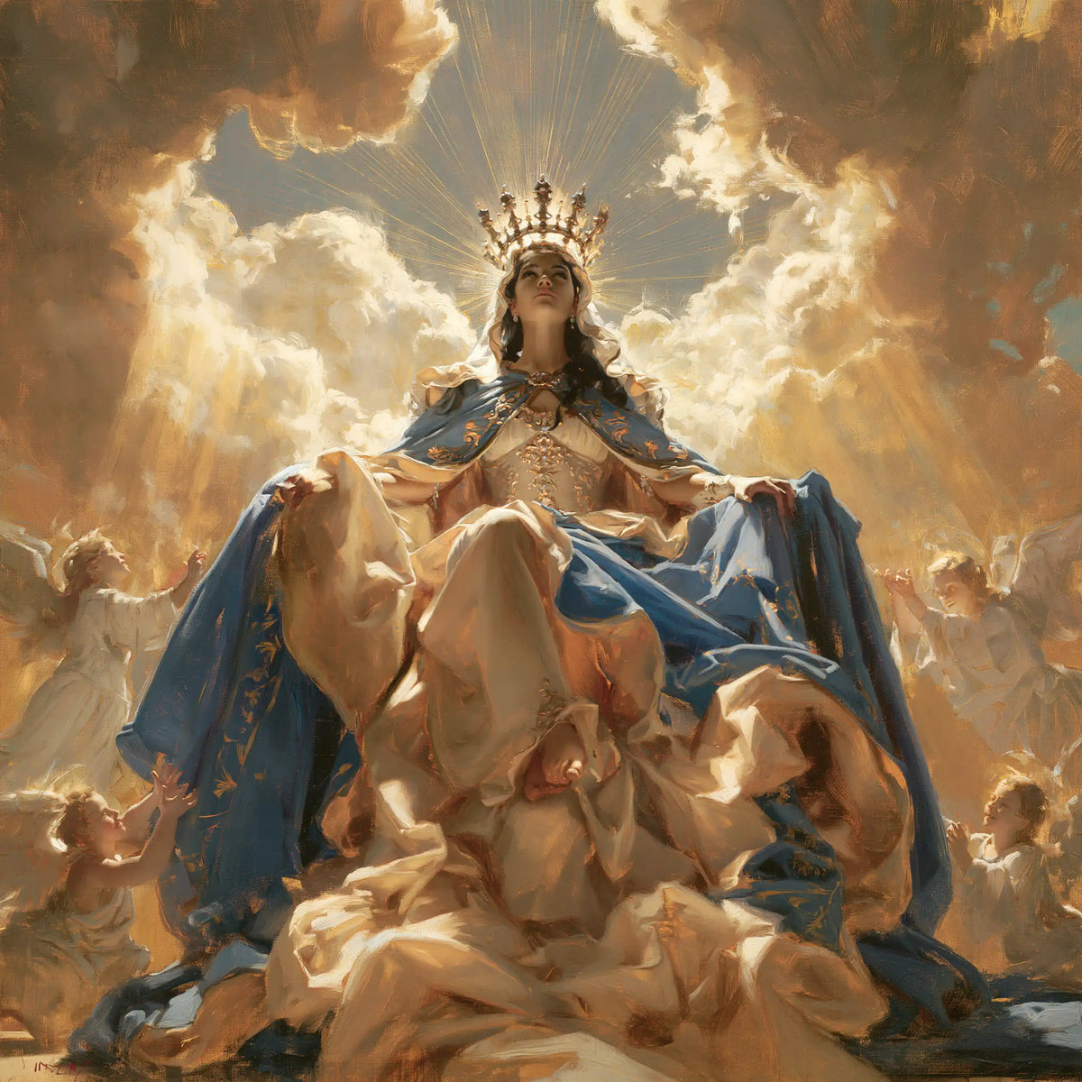 Mary glorified as Queen of Heaven in Heavenly Glory style, square Christian artwork no. 6