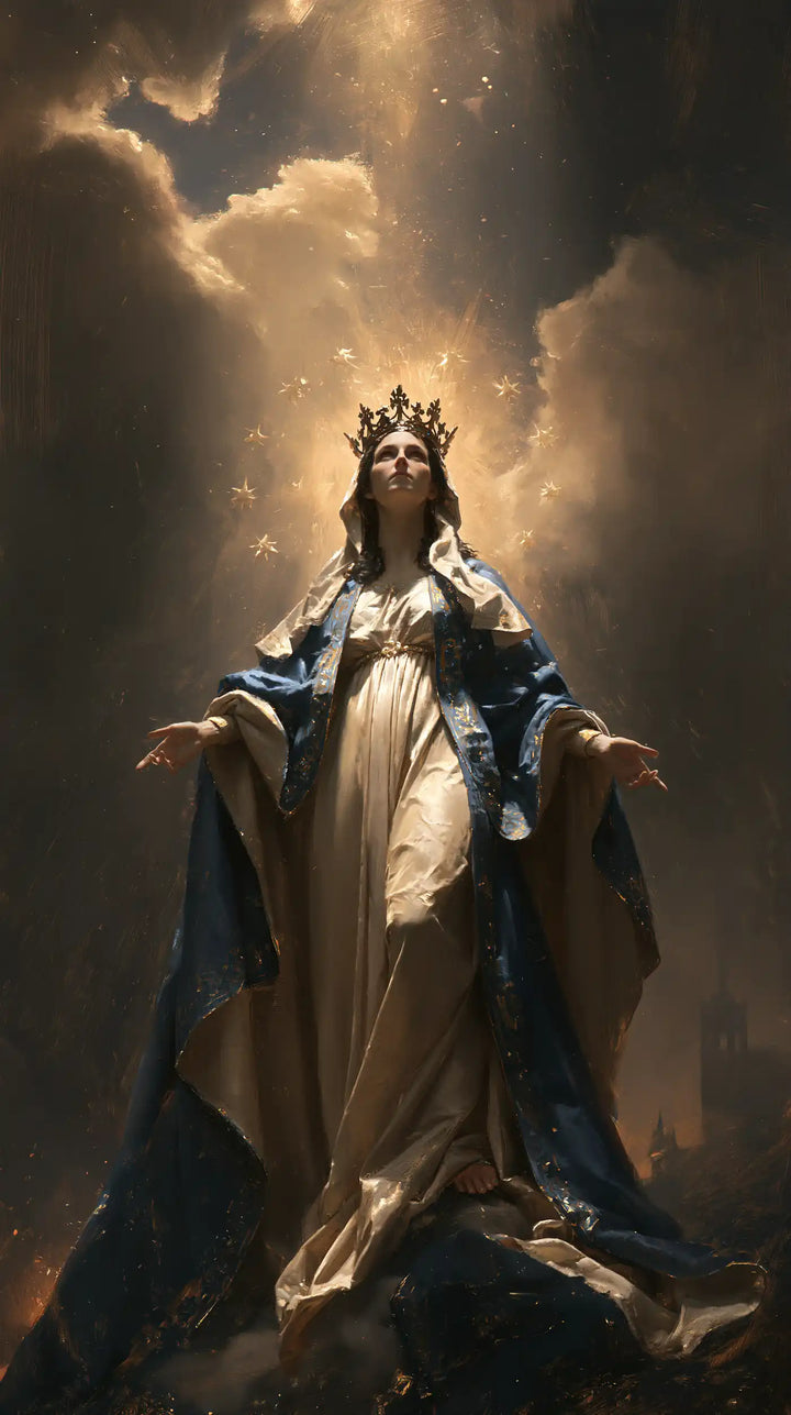 Mary, Queen of Heaven — The Long Drapery Beneath the Riven Sky