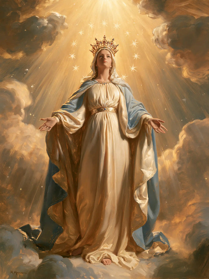 Mary, Queen of Heaven — The Golden Robe Beneath the Fan-Shaped Diadem