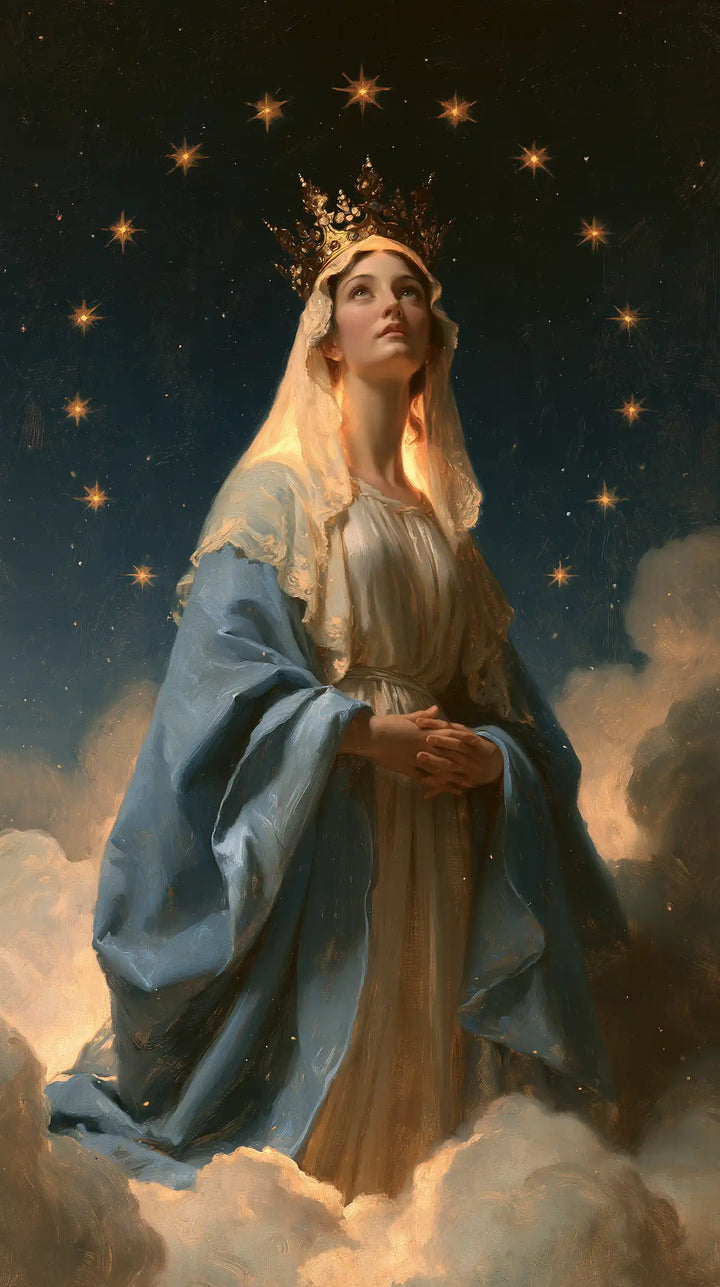 Mary, Queen of Heaven — Lowered Hands Beneath the Amber Crown