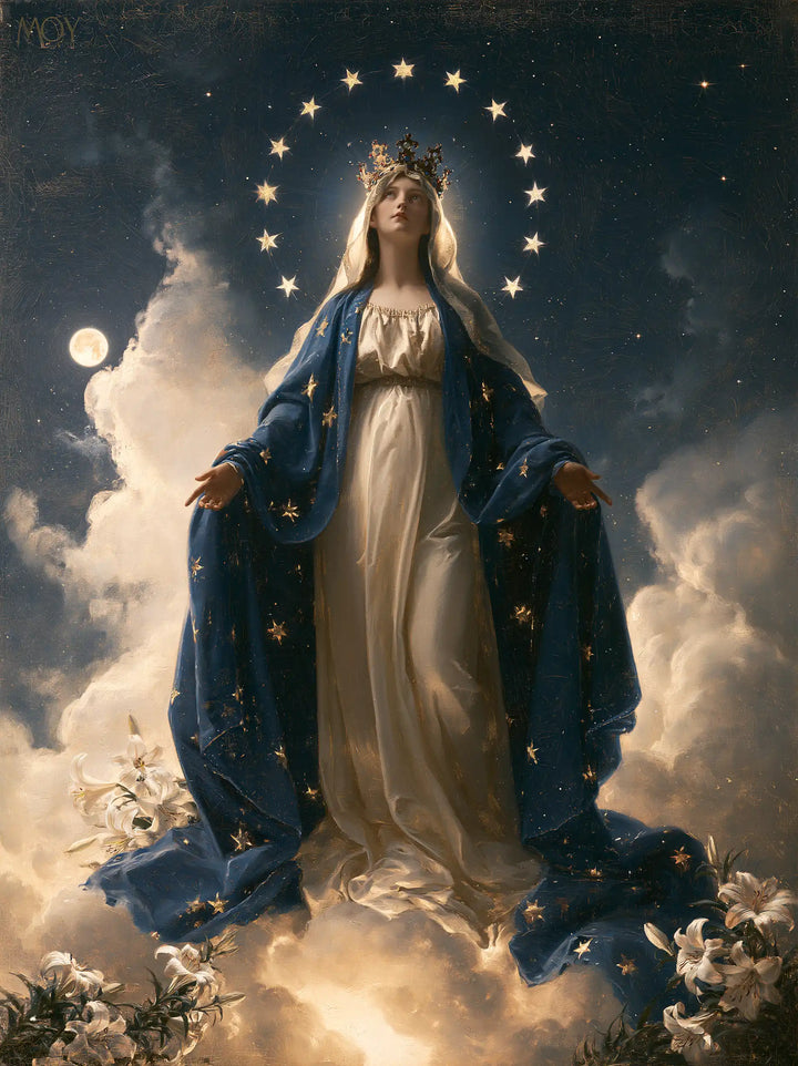 Mary, Queen of Heaven — The Moon Watches over White Lilies