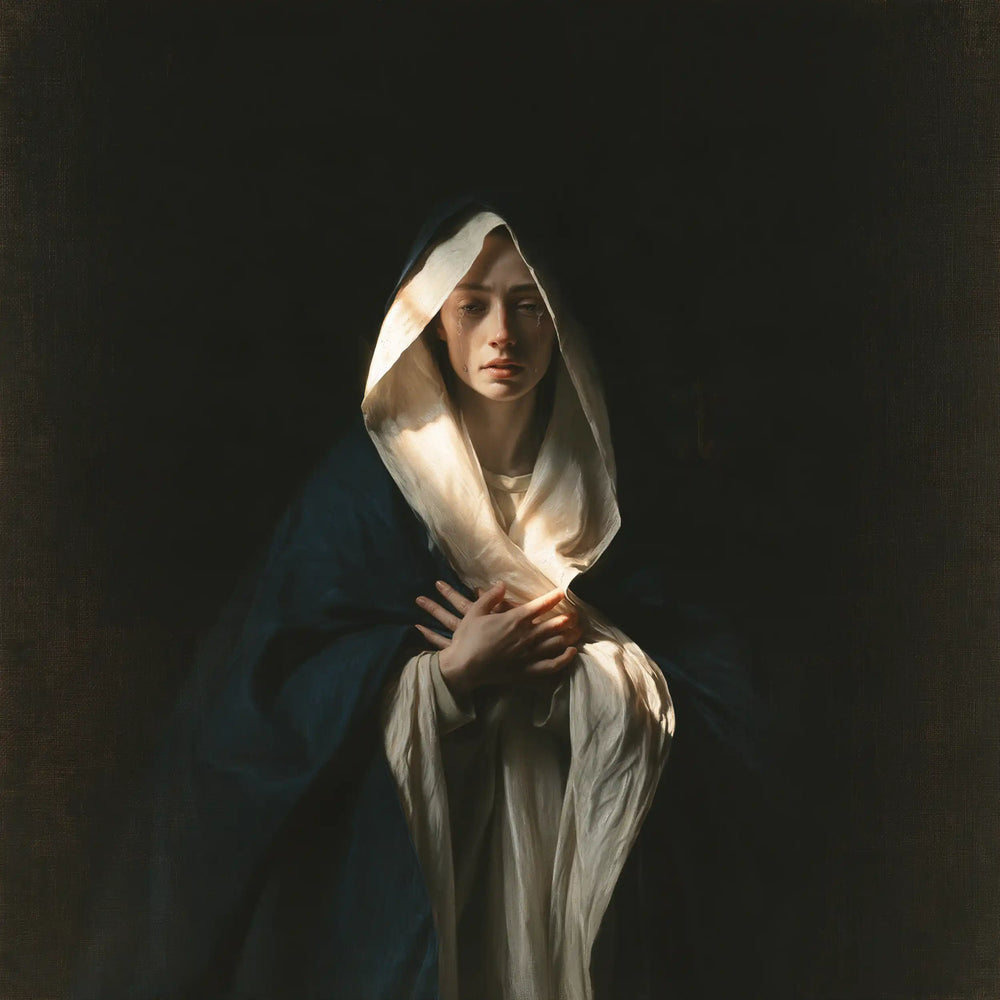 Mary as a light within sorrow in Mary as Light in Sorrow style, square Christian artwork no. 4