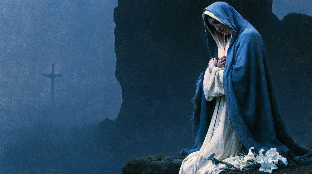 Our Lady of Sorrows in a symbolist composition in Symbolist style, landscape Christian artwork no. 10