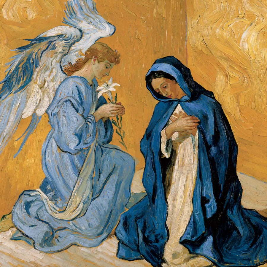 Quiet Annunciation in Blue and Gold – Post-Impressionist Art · Square