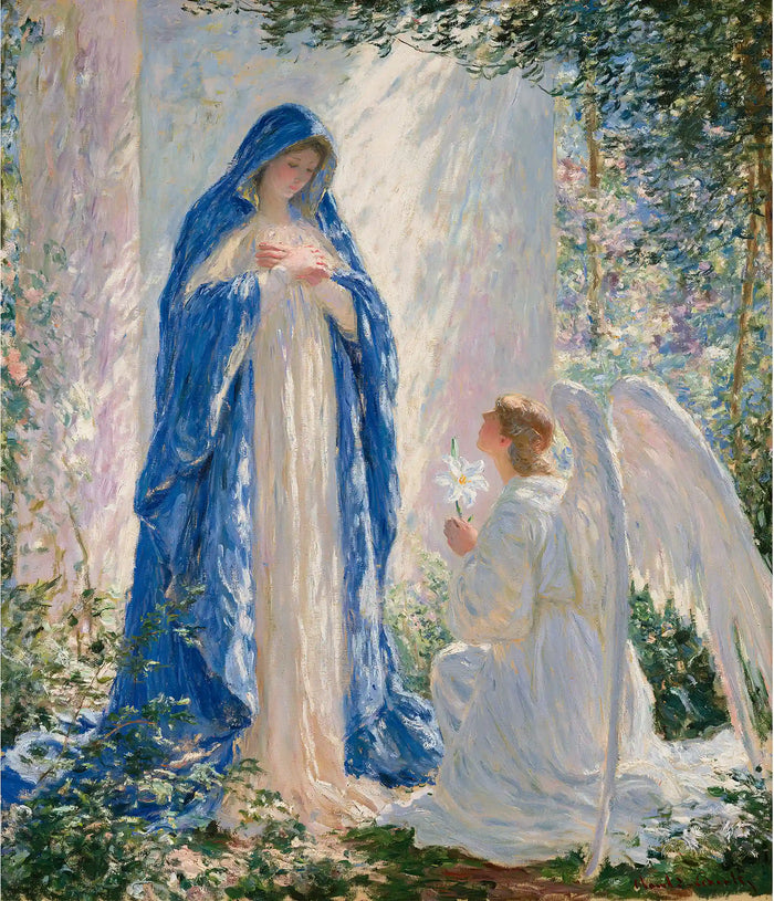 Radiant Annunciation beneath the Garden Canopy – Impressionist Art · Portrait