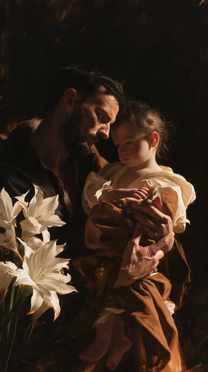 Saint Joseph with the Child Jesus – Caravaggio Tenebrism · Portrait no. 8