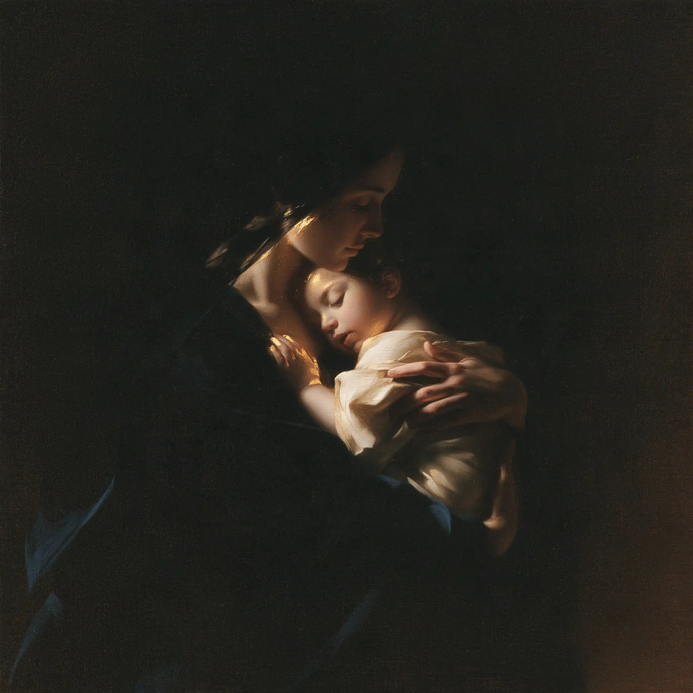 the Virgin Mary holding the Child Jesus in Black and Gold style, square Christian artwork no. 3