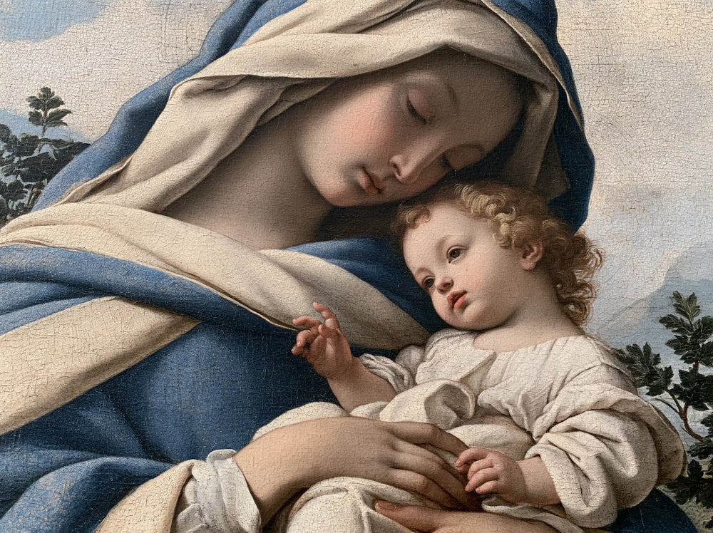 the Virgin Mary with the Child Jesus in Florentine Renaissance style, landscape Christian artwork no. 8