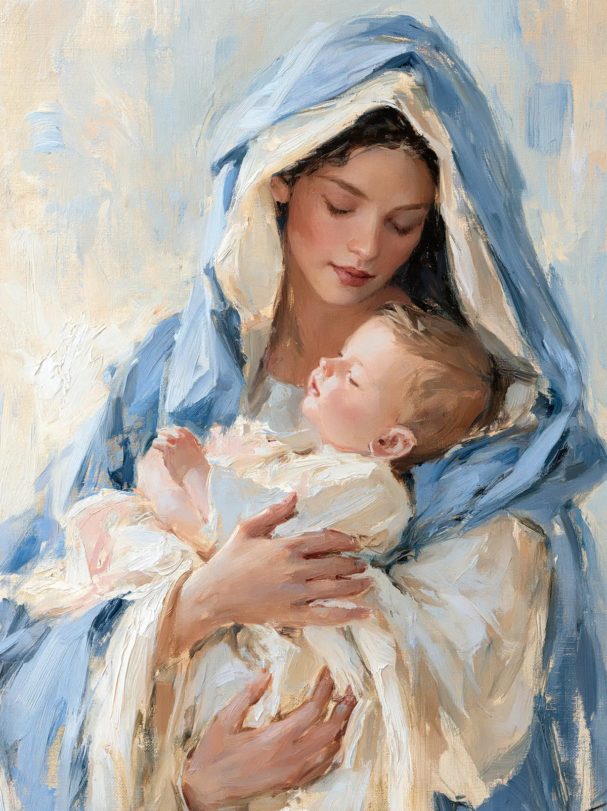 The Virgin and Child — The Gaze in a Cradle of Pale Blues