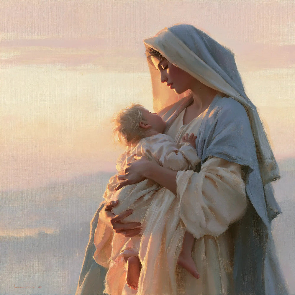the Virgin Mary and the Child Jesus at dawn in Mary and Jesus at Dawn style, square Christian artwork no. 1
