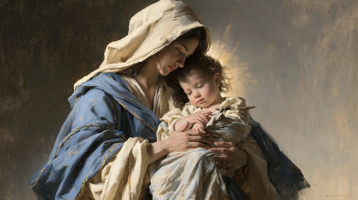 the Virgin Mary presenting the Child Jesus in Mary Presenting the Child Jesus style, landscape Christian artwork no. 17