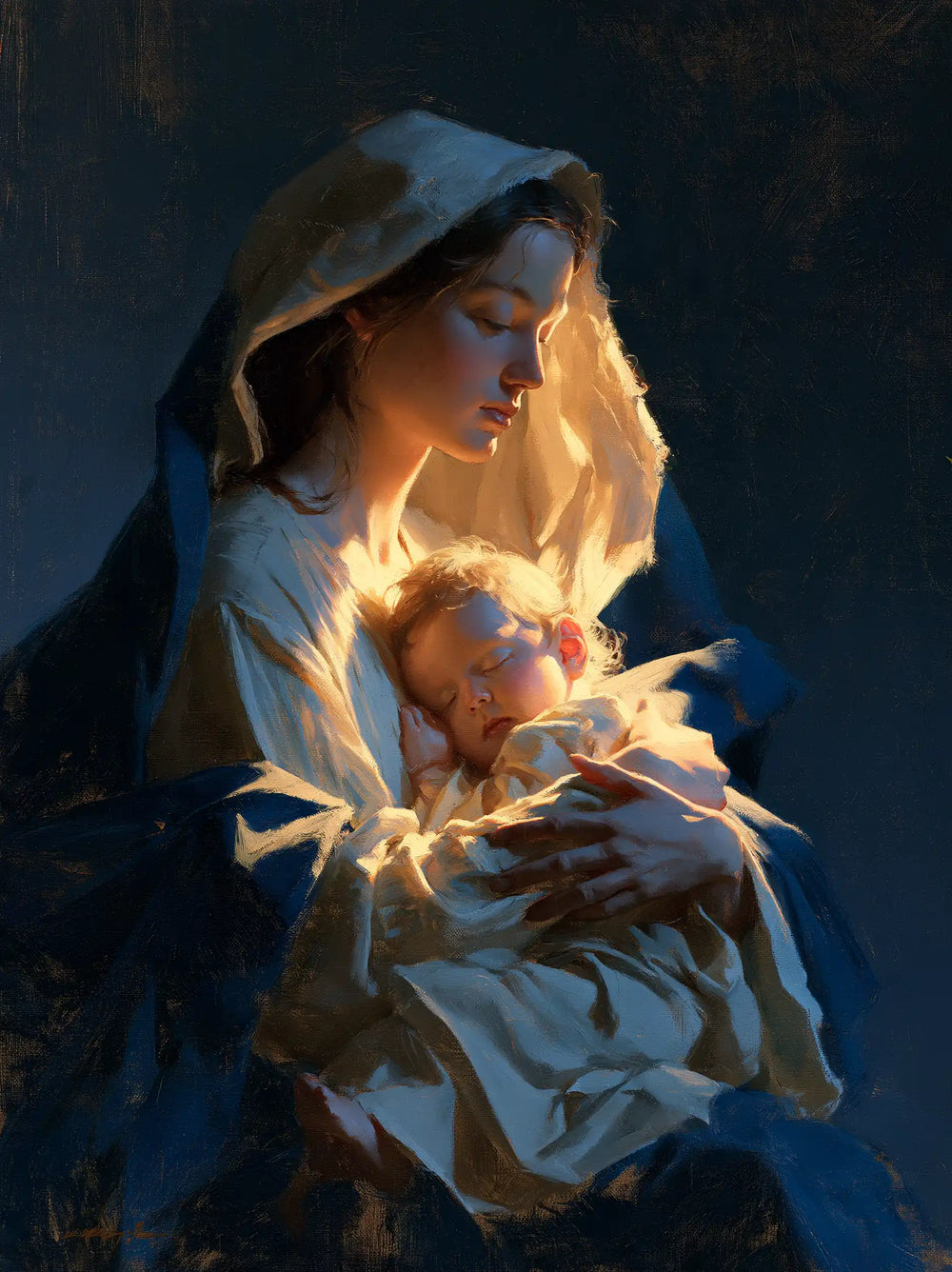 the Virgin Mary and the Child Jesus in Midnight Blue Chiaroscuro style, portrait Christian artwork no. 18