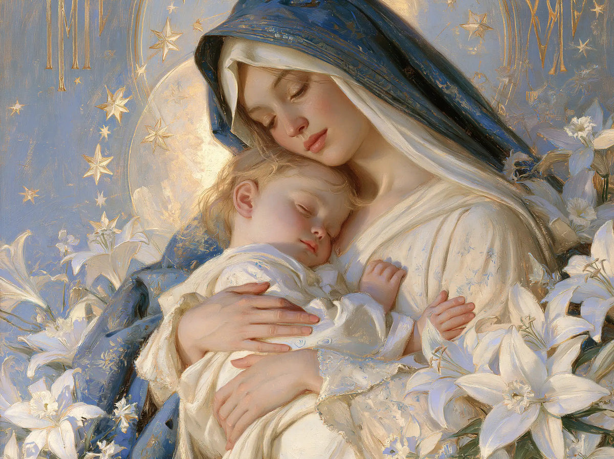 the Virgin Mary and the Child Jesus in Symbolist style, landscape Christian artwork no. 3